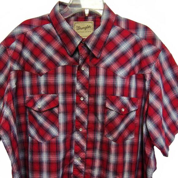 Wrangler Red Plaid Pearl Snap Short Sleeve Dress Shirt Size XXL Western - Picture 2 of 7